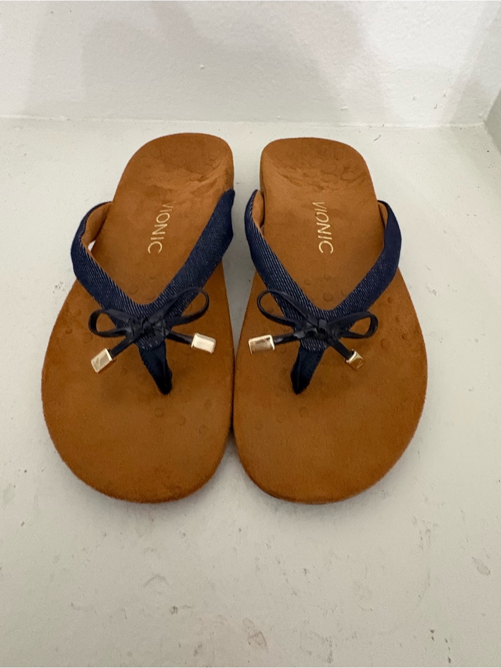 Vionic Navy Ribbon Thong Sandals with Brown Footbed